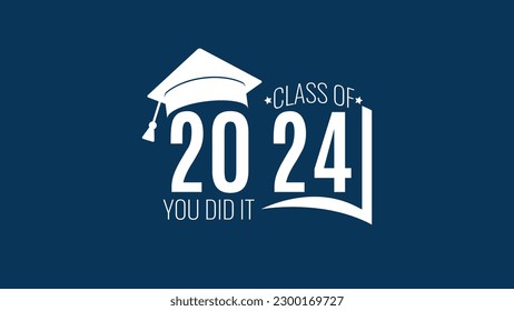 Class of 2024. White number, education academic cap and open book on blue background. Template for graduation design frame, high school, college congratulation graduate, yearbook. Vector illustration.