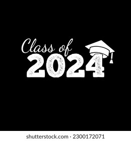 Class of 2024. White number with education academic cap on black background. Vector illustration.