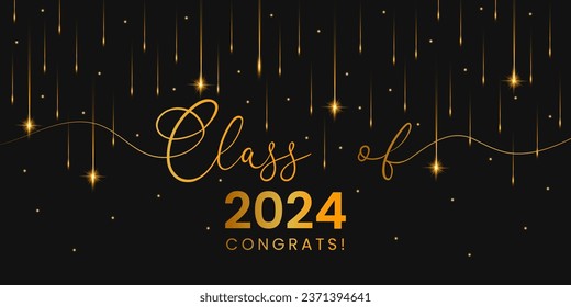 Class of 2024, word lettering script banner. Congrats Graduation lettering with shimmering golden particles on a dark background.