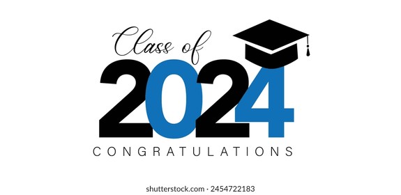 Class of 2024, word lettering script banner Congrats Graduation lettering with academic cap