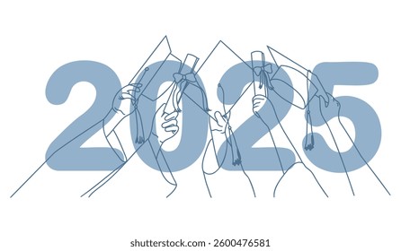 Class of 2025 banner with hands holding academic gown. Vector hand drawn illustration for graduation. 