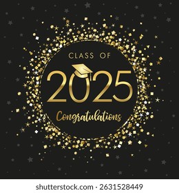 Class of 2025 - beautiful graduating banner. Congratulation graduation concept with golden shine frame for High School or University booth design. Vector illustration