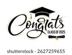 Class of 2025 Congrats greeting sign with academic cap and diploma. Congrats Graduated. Congratulating banner. Handwritten brush lettering. Isolated concept for graduation design, card, poster