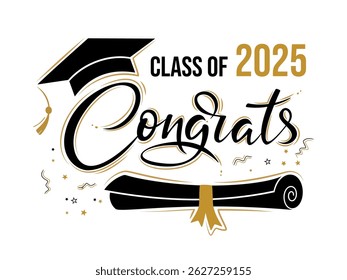 Class of 2025 Congrats greeting sign with academic cap and diploma. Congrats Graduated. Congratulating banner. Handwritten brush lettering. Isolated concept for graduation design, card, poster