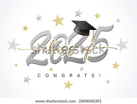 Class of 2025, Congrats silver logo design with stars and lettering. Congratulation graduation concept for High School or University album. Vector illustration