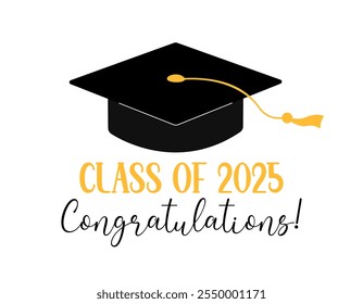 Felicitaciones de la clase de 2025. Tarjeta de felicitación de la graduación 2025, cartel, ilustración plana de Vector. Gorra académica de color negro y números sobre fondo blanco. Símbolo de graduado de mortero.