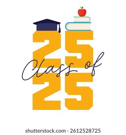 Class of 2025, featuring graduation symbols, with an apple on stacked books. Isolated on transparent background.