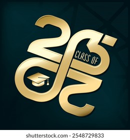 Classe de 2025 plana brilhante logotipo de ouro com numerais que fazem Mobius Loop quadrado Acadêmico Placa de Graduação Cap Sinal e Lettering - Dourado em Holographic Style Background - Vetor Gradiente Design Gráfico