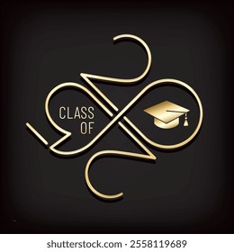 Class of 2025 Glossy Gold Style Logo with Numbers Making Mobius Loop Square Academic Graduation Cap Sign and Lettering - Golden on Black Background - Vector Gradient Graphic Design