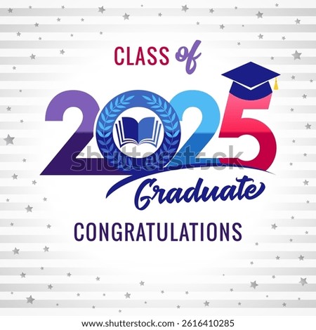 Class of 2025 graduate creative congrats, graduation celebrating banner with colorful elements. Cute white backdrop. Coloured number 20 25 with square blue cap, open book icon and awarded palm branch.