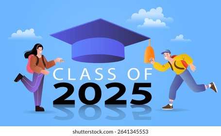 Class of 2025 Graduation Celebration. Elegant Congrats Banner with Cap and Laurel. Editable image. Congratulations graduates. education, poster, college, ceremony, end of school. Vector Illustration.