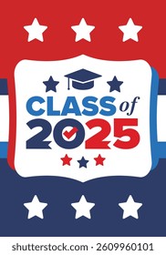 Class of 2025. Graduation congratulations. Senior. College and university students. Education concept. Poster, card, banner and background. Vector illustration