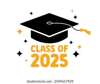 Tarjeta de felicitación de la graduación de la clase de 2025, cartel. Ilustración plana de Vector. Gorra académica de color negro y números dorados de 2025 sobre fondo blanco. Símbolo de graduado de mortero