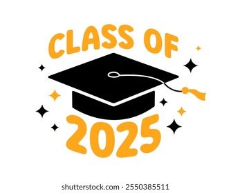 Tarjeta de felicitación de la graduación de la clase de 2025, cartel. Ilustración plana de Vector. Gorra académica de color negro y números dorados de 2025 sobre fondo blanco. Símbolo de graduado de mortero