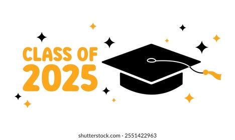 Clase de 2025 Tarjeta de felicitación de graduación, cartel, Anuncio. Ilustración plana de Vector. Gorra académica de color negro y números dorados de 2025 sobre fondo blanco. Símbolo de graduado de mortero