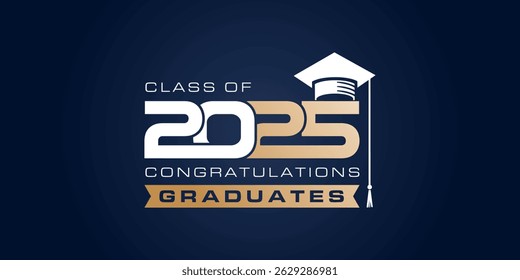 Class of 2025 graduation greetings in gold with college and high school graduation caps for t-shirts, flyers and greeting cards
