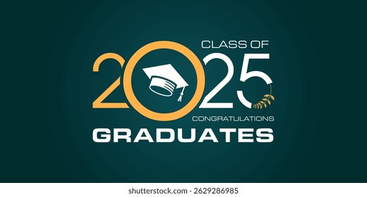 Class of 2025 graduation greetings in gold with college and high school graduation caps for t-shirts, flyers and greeting cards