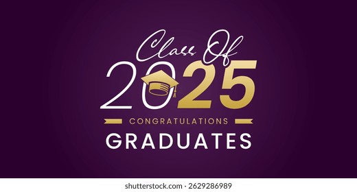 Class of 2025 graduation greetings in gold with college and high school graduation caps for t-shirts, flyers and greeting cards