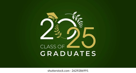 Class of 2025 graduation greetings in gold with college and high school graduation caps for t-shirts, flyers and greeting cards