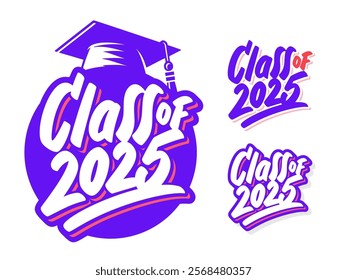 Class of 2025. Graduation stickers. Vector three design set.
