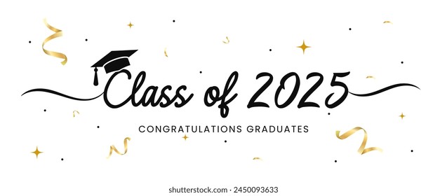 Class of 2025 handwritten typography lettering text with graduates caps Congratulations graduates.