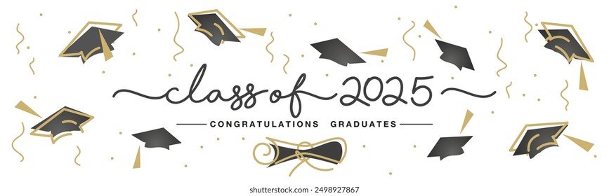 Class of 2025 handwritten typography lettering text. Hand drawn design with diploma confetti and flying graduates caps Congratulations graduates. Golden and black line design with white background