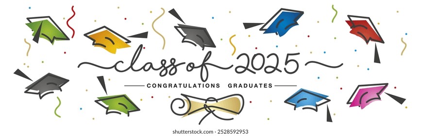 Class of 2025 handwritten typography lettering text. Hand drawn design with diploma colorful confetti and flying graduates caps Congratulations graduates. Golden and black line design white background
