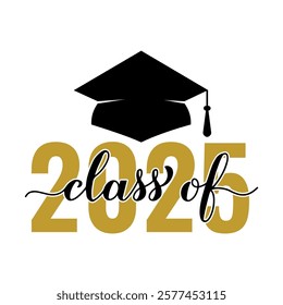 Class of 2025 lettering with graduation cap isolated on white. Congratulations to graduates typography poster.  Vector template for greeting card, sticker, banner, label, shirt, etc