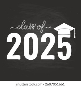 Class of 2025 lettering on chalkboard background. Congratulations to graduates typography poster.  Vector template for greeting card, banner, label, invitation, etc