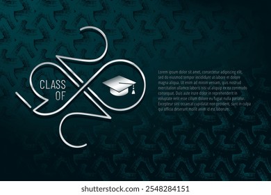 Classe de 2025 estilo metálico de prata numerais logotipo com números que fazem Mobius Loop Square Academic Graduation Cap Sign e Lettering - Cromo em turquesa Fundo - Vetor Gradiente Gráfico Design