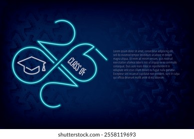 Class of 2025 Numerals Neon Sign Style Logo with Numbers Making Mobius Loop Square Academic Graduation Cap Sign and Lettering - Turquoise on Dark Background - Vector Gradient Graphic Design