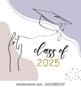 Class of 2025. One line art with student tossing up his graduation cap. Trendy one line draw design graphic vector illustration.