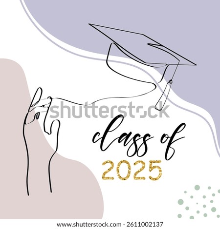 Class of 2025. One line art with student tossing up his graduation cap. Trendy one line draw design graphic vector illustration.