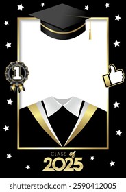 Class of 2025 photo frame, black Graduation robe and academic cap. Senior class of 2025 design for graduation photo album at school or college. Vector illustration