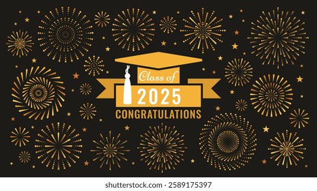 Class of 2025, Script Lettering Banner. Graduation Congratulations Template with Academic Cap. 2025 Party Design for High School or College: Banner, Card, Graduate Invitations. Vector Illustration.