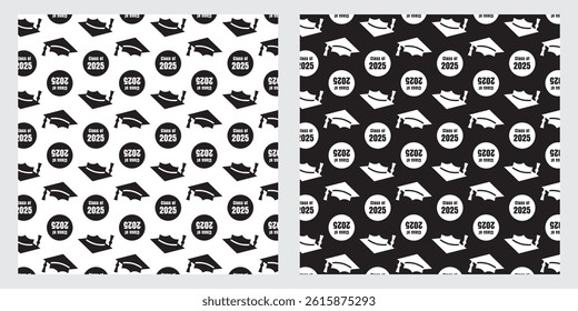 Class Of 2025 Seamless Pattern. Black and White. Grad Ceremony Backdrop. Vector Template For Fabric, Textile, Wallpaper, Wrapping Paper