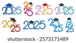 Class of 2025,  set of logo, badges for congratulations graduates, or other education events, with academic hat and numbers for high school, university, college graduation. Vector illustration