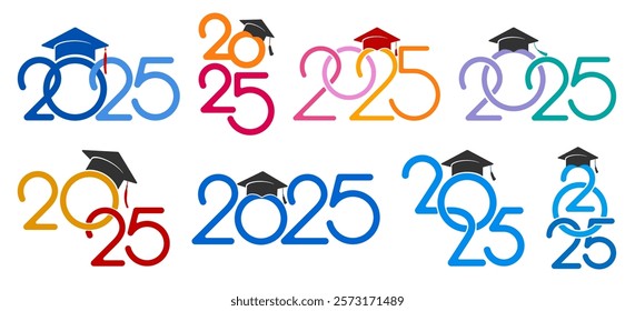 Class of 2025,  set of logo, badges for congratulations graduates, or other education events, with academic hat and numbers for high school, university, college graduation. Vector illustration