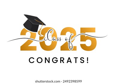 Class of 2025 trendy design template with graduation cap and lettering isolated on white background. Congratulations graduates. 