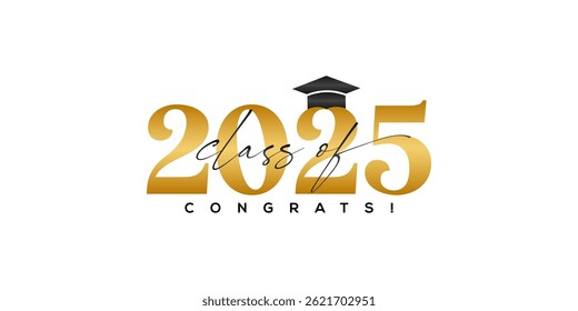 Class of 2025 typography design with graduation cap, golden text, and congratulatory message, perfect for senior graduation events, greeting cards, banners, invitations, social media posts