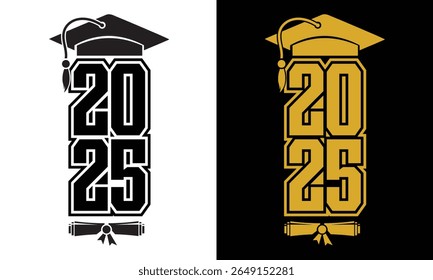 Class of 2025 Vertical Graduation Design with Cap and Diploma in Gold and Black