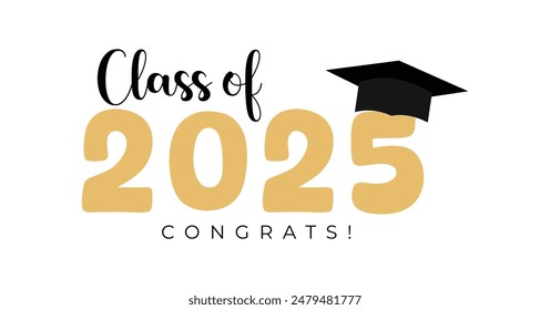 Class of 2025, word lettering script banner. Congrats Graduation lettering with academic cap vector