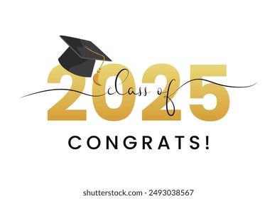 Class of 2025, word lettering script banner. Congrats Graduation lettering with academic cap. Template for design party high school or college, graduate invitations.