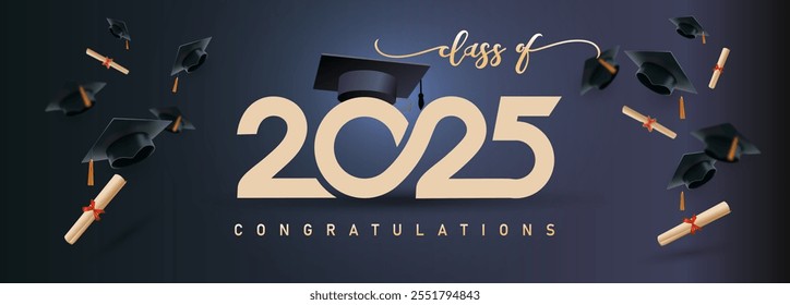 Class of 2025, word lettering script banner. Template Congrats Graduation lettering with academic cap. 2025 design party high school or college, banner, card, graduate invitations. Vector illustration