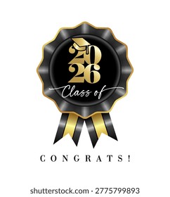Class of 2026, 3D badge icon design. Creative graduation icon with 3D rosette and numbers 2026 with academic hat. Vector illustration