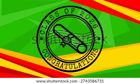  Class of 2026 congratulations banner, graduation stamp with diploma scroll, vector illustration