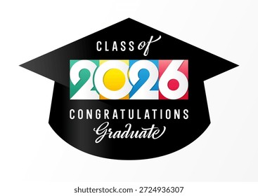Clase de felicitaciones 2026 icono creativo de graduado, Anuncio escolar, concepto de póster de Sitio web.
