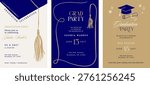 Class of 2026 elegant blue and gold graduation party celebration vertical invitations. Vector templates collection.