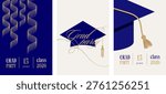 Class of 2026 elegant blue and gold graduation party celebration vertical invitations. Vector templates collection.