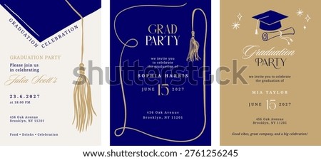 Class of 2026 elegant blue and gold graduation party celebration vertical invitations. Vector templates collection.